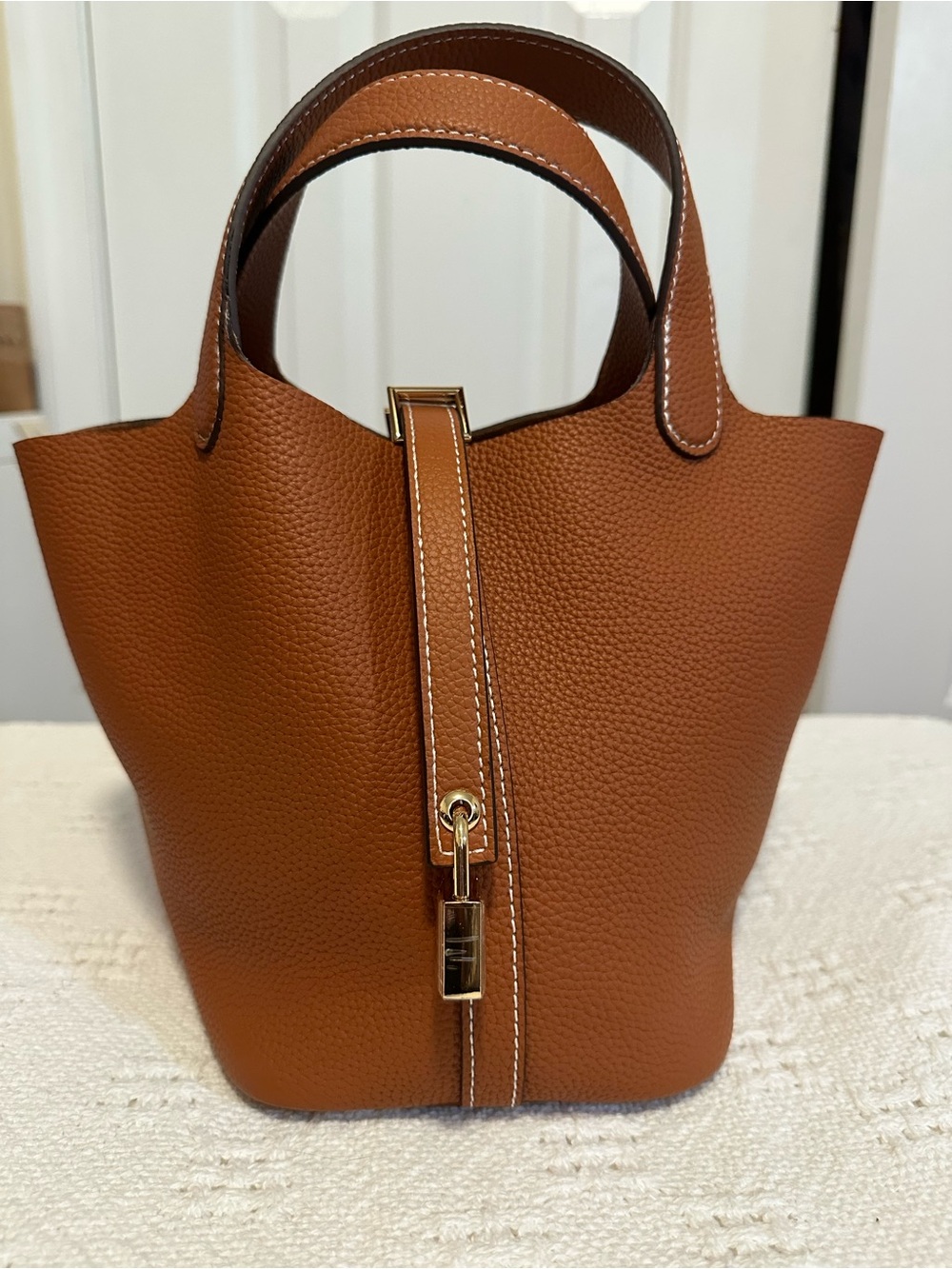 Designer inspired brown Genuine Leather Bucket style Bag with lock and key